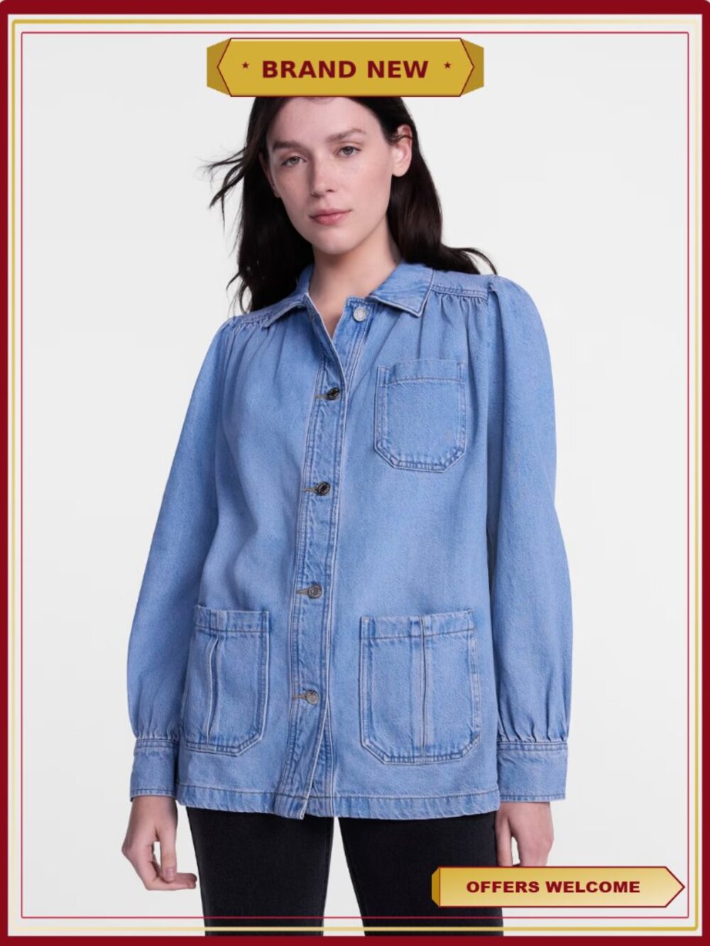 Chore Jacket Long Puff Sleeves Mid-Length Collared Front Pockets Layering